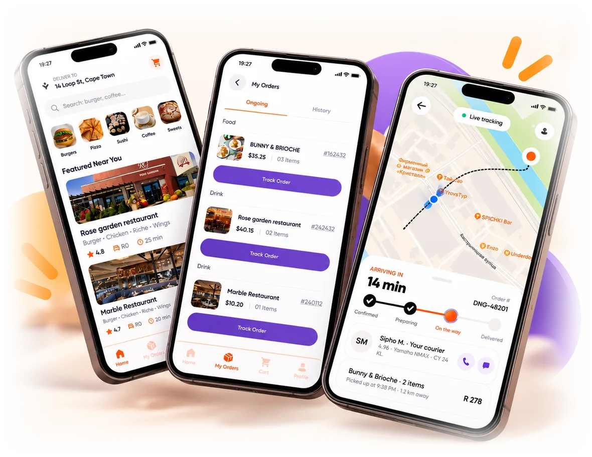 Three phones showing the DING app: browsing restaurants in Cape Town, tracking two live orders, and a courier arriving in 14 minutes
