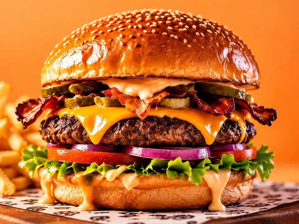 A stacked DING burger with bacon, cheese and fries