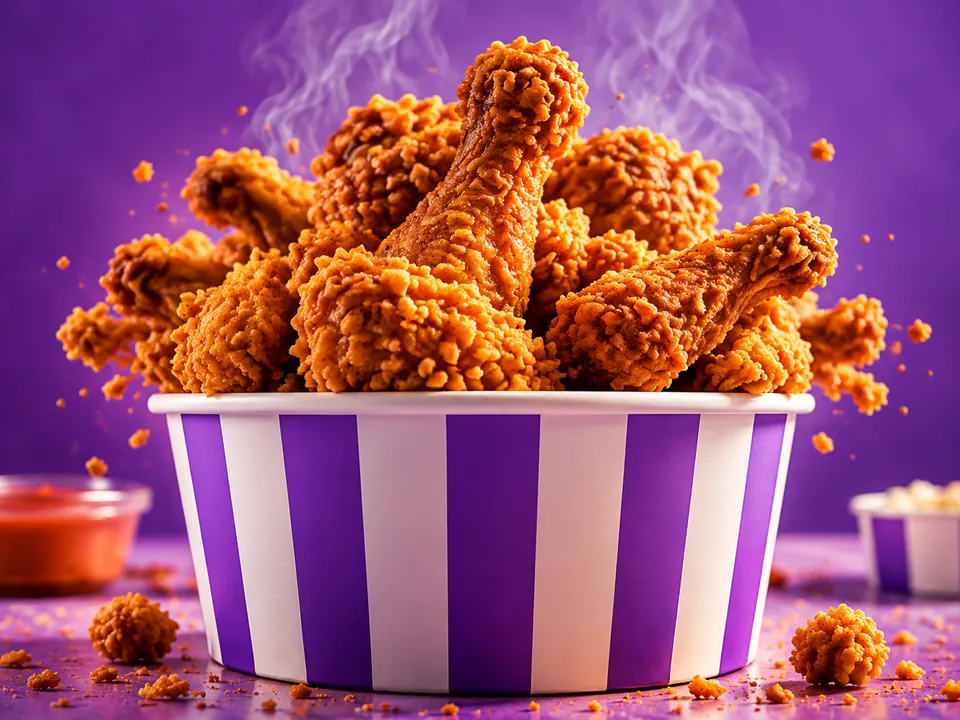 A bucket of crispy fried chicken in DING purple and white stripes