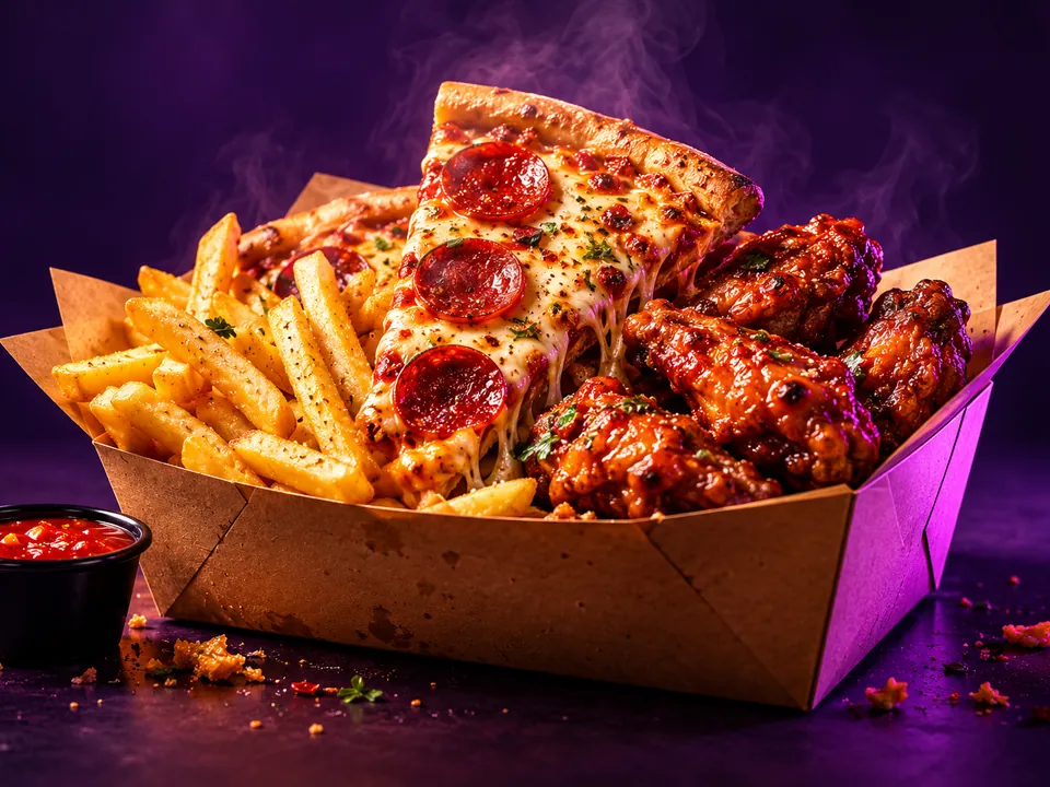 A takeaway box of pizza, wings and fries