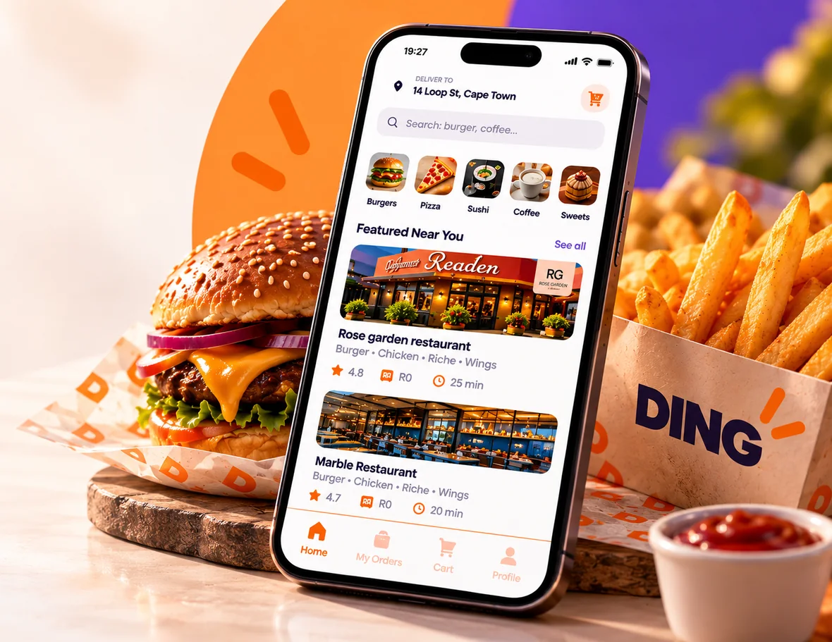 The DING app open on a phone beside a burger and DING-branded fries