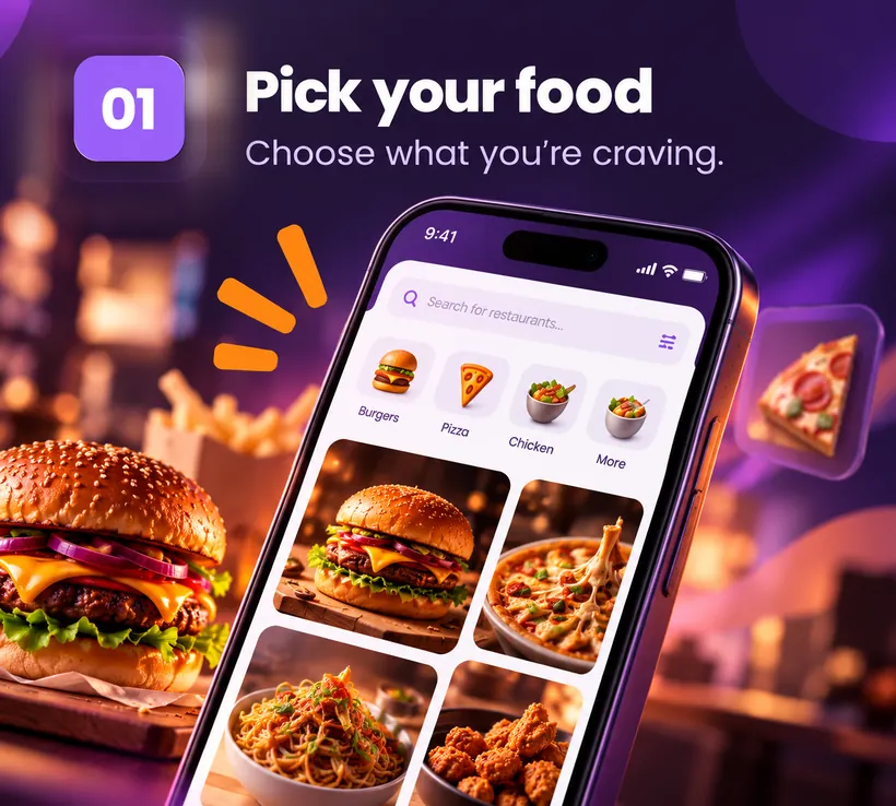 Step 01 — Pick your food. Choose what you&rsquo;re craving. The DING app showing burgers, pizza and chicken to browse.
