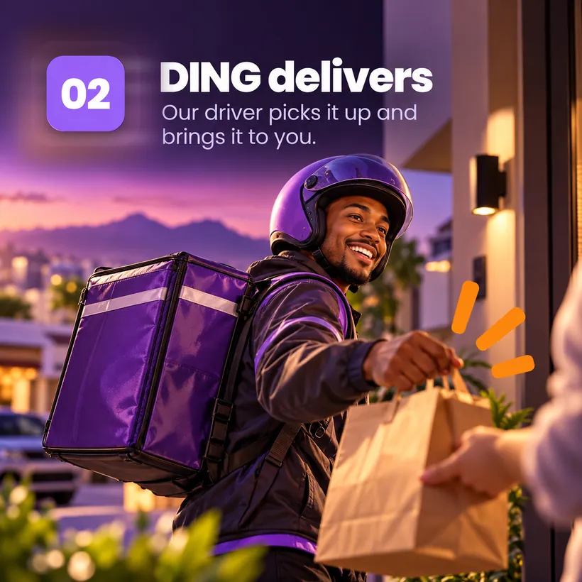 Step 02 — DING delivers. Our driver picks it up and brings it to you. A DING rider handing over a paper bag at the door.