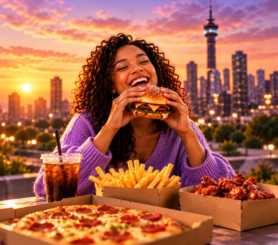A woman on a Johannesburg rooftop at sunset biting into a burger, with pizza, wings and fries on the table